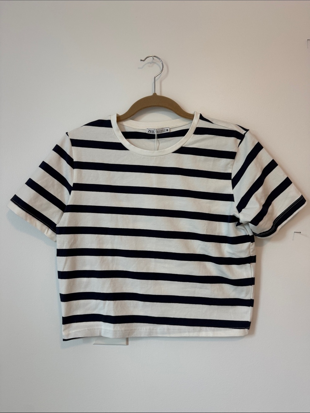 Zara Black and White Striped Crew Crop Top